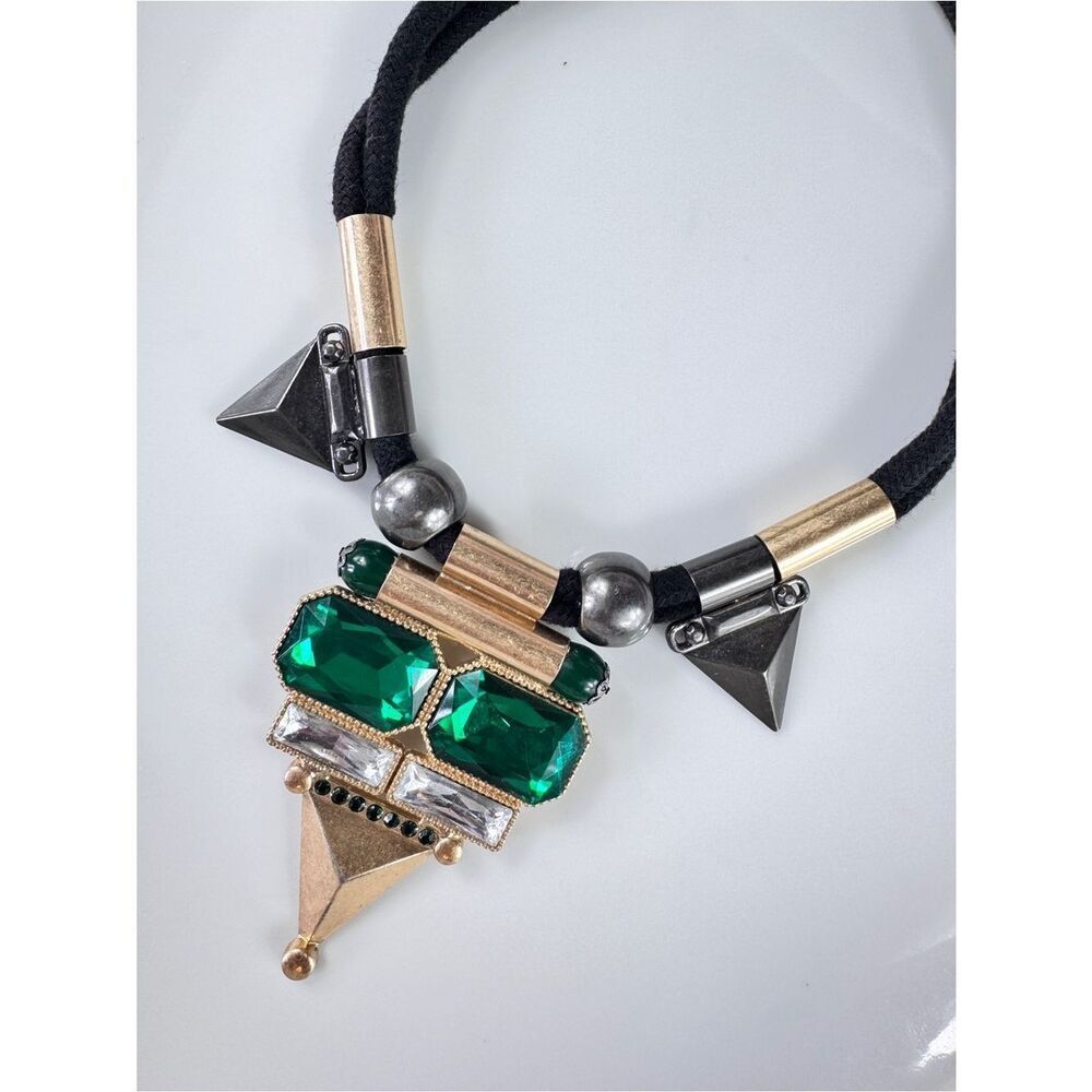 Avon Green Scene Necklace with Emerald Green Crystals and Gold Accents